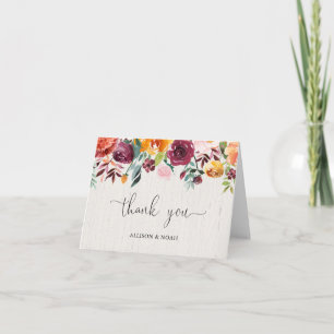 Fall floral watercolor rustic burgundy wedding thank you card