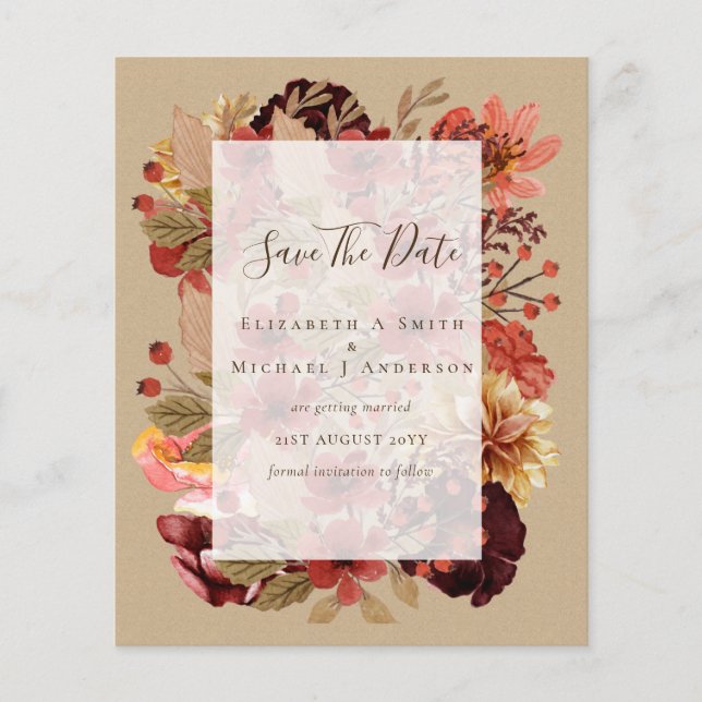 Fall Floral Wedding - Burgundy Orange BUDGET Flyer (Front)