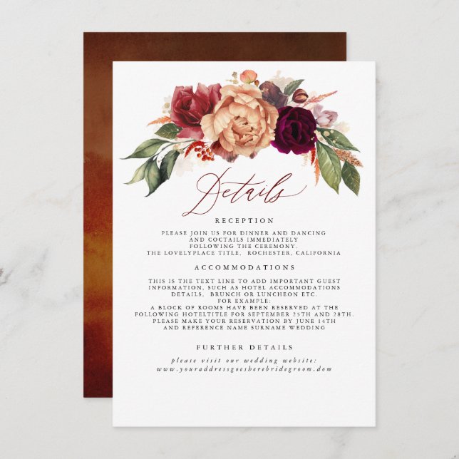 Fall Floral Wedding Information Enclosure Card (Front/Back)