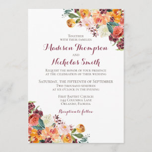 Fall Floral Wedding Invitation Card, Orange Maroon