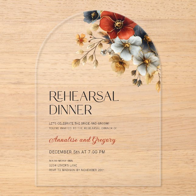 Fall Floral Wedding Rehearsal Dinner Acrylic Invitations (Front)