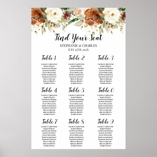 Fall floral Wedding Seating Chart (Front)