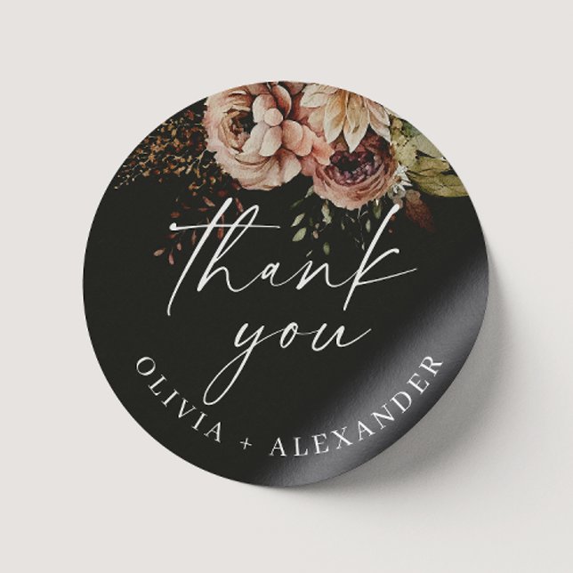 Fall Floral Wedding Thank You | Black Boho Autumn Classic Round Sticker (Creator Uploaded)