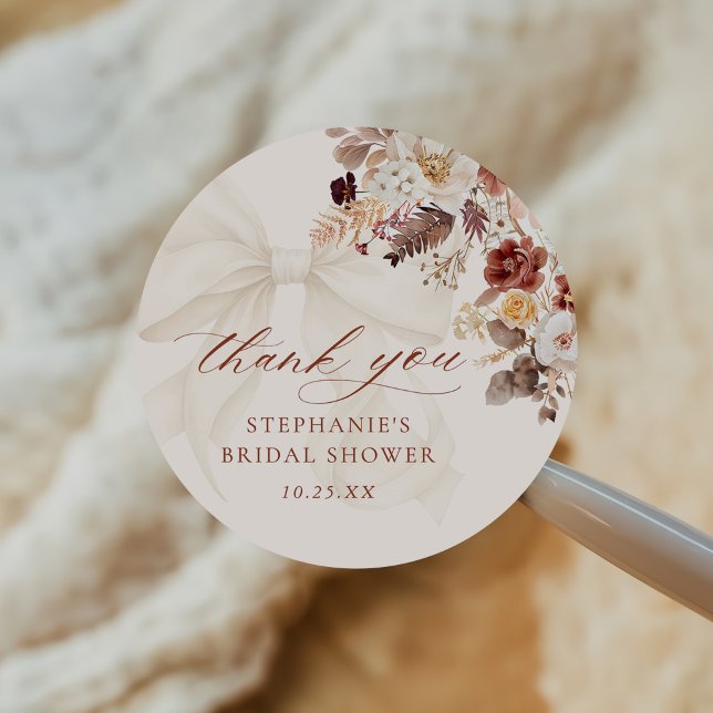 Fall Floral White Bow Bridal Shower Classic Round Sticker (Creator Uploaded)