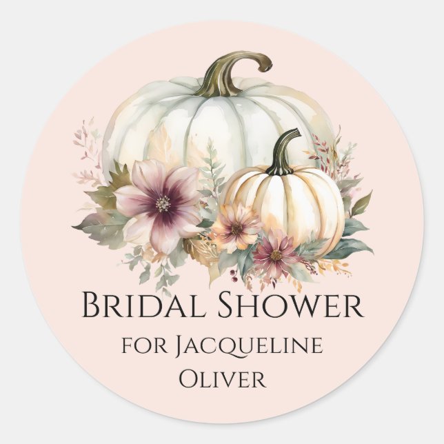 Fall Floral White Pumpkin Dusty Pink Bridal Shower Classic Round Sticker (Front)