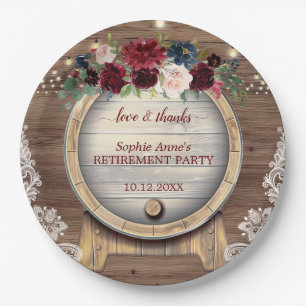 Fall Floral Wine Barrel Vineyard Retirement Party Paper Plate