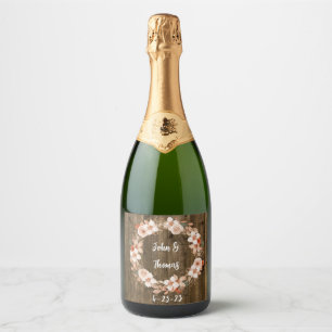 Fall Floral Wood Watercolor Wedding Sparkling Wine Label