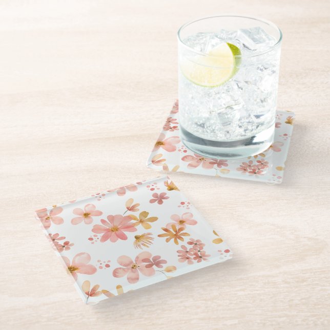 Fall florals orange peach modern glass coaster (Angled)