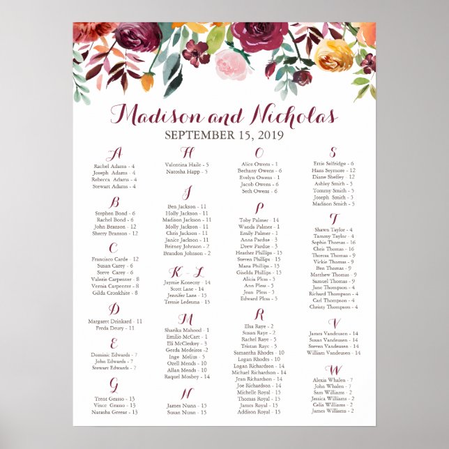 Fall Flower Alphabetical Seating Chart Orange Pink (Front)