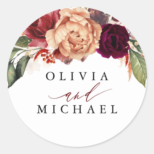 Fall Flower Burgundy and Orange Elegant Classic Round Sticker (Front)