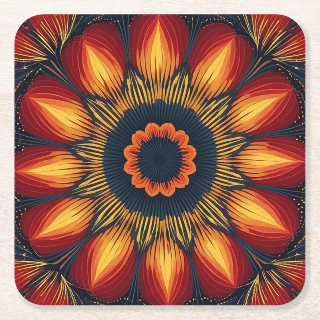 Fall Flower Kaleidoscope Square Paper Coaster (Front)
