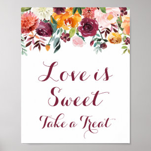 Fall Flower Love is Sweet Sign Poster, Orange Pink