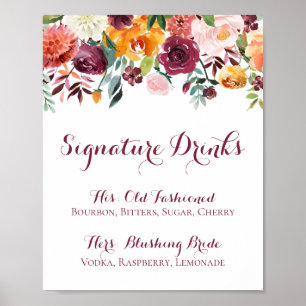 Fall Flower Signature Drinks Sign, Orange Pink Poster