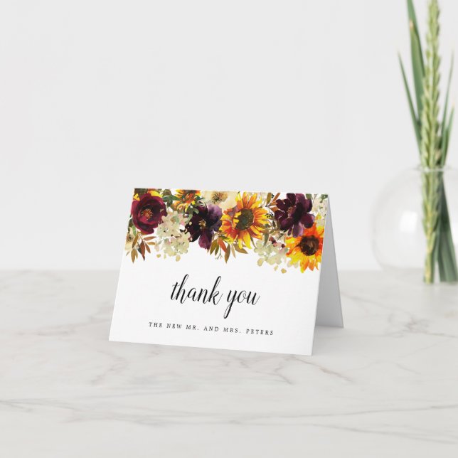 Fall Flower Sunflower Floral Wedding Photo Thank Y You Card (Front)