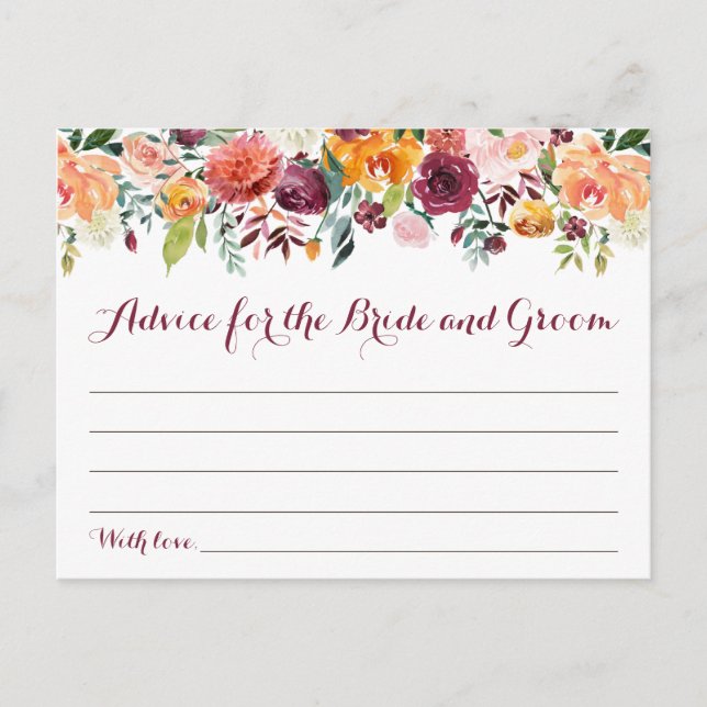 Fall Flower Wedding Advice Cards, Orange Maroon Postcard (Front)