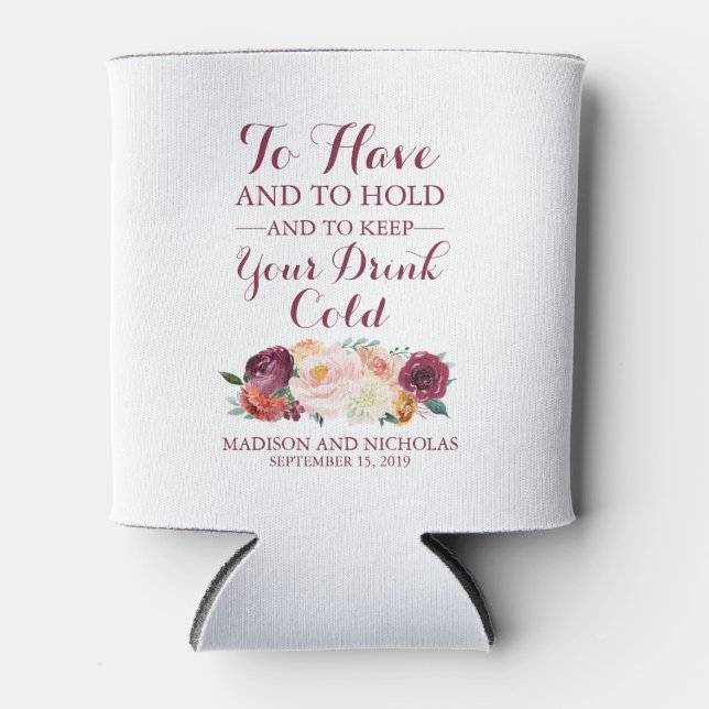 Fall Flower Wedding Can Coolers Orange Pink Maroon (Front)