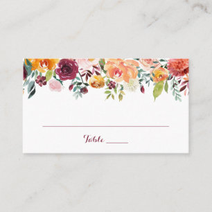 Fall Flower Wedding Flat Place Card, Orange Pink Card