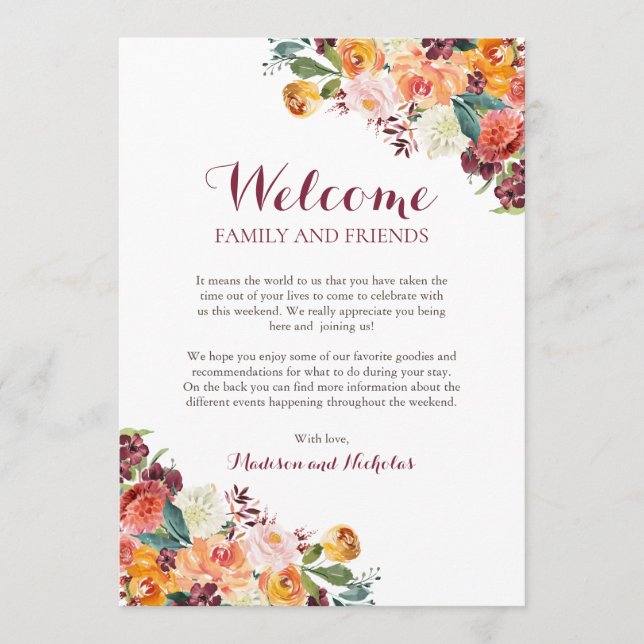 Fall Flower Wedding Hotel Welcome Cards, Orange Programme (Front)