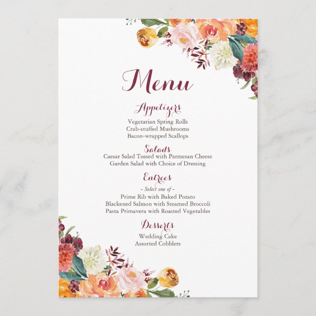 Fall Flower Wedding Menu Cards, Orange Maroon (Front)