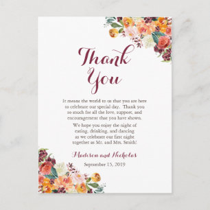 Fall Flower Wedding Place Setting Thank You Cards