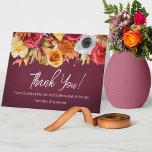 Fall Flowers 80th Birthday Folded Thank You Card<br><div class="desc">Elegant burgundy thank you card has a lush border of fall flowers across the top. Burnt orange, bright red, golden yellow and a pop of white. Thank you is written in a bright why trendy script. Two lines of text below let you customise your message. Of course there is room...</div>