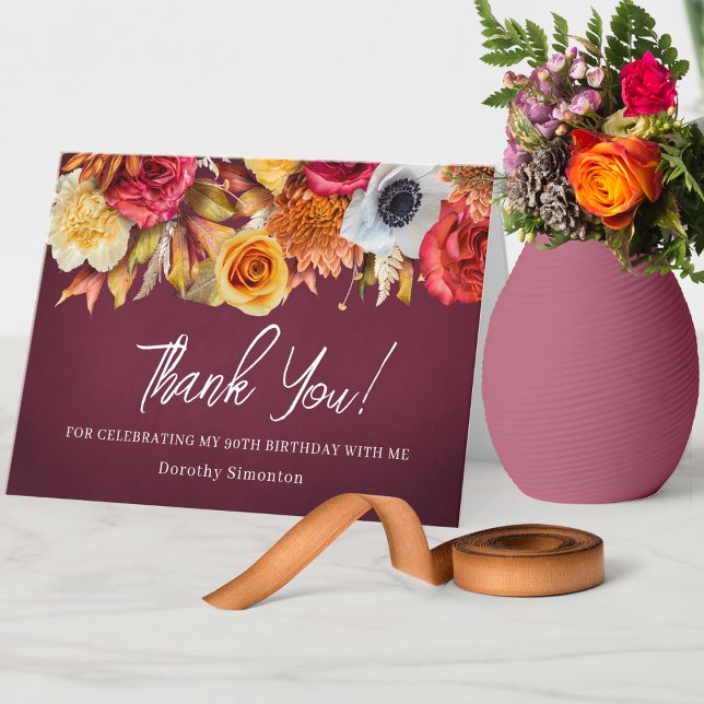 Fall Flowers 90th Birthday Folded Thank You Card (Lovely way to say thank you to friends and family for celebrating your 90th with you.)
