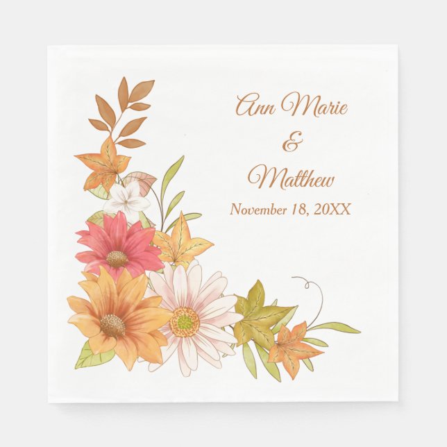 Fall Flowers and Leaves Wedding Napkin (Front)