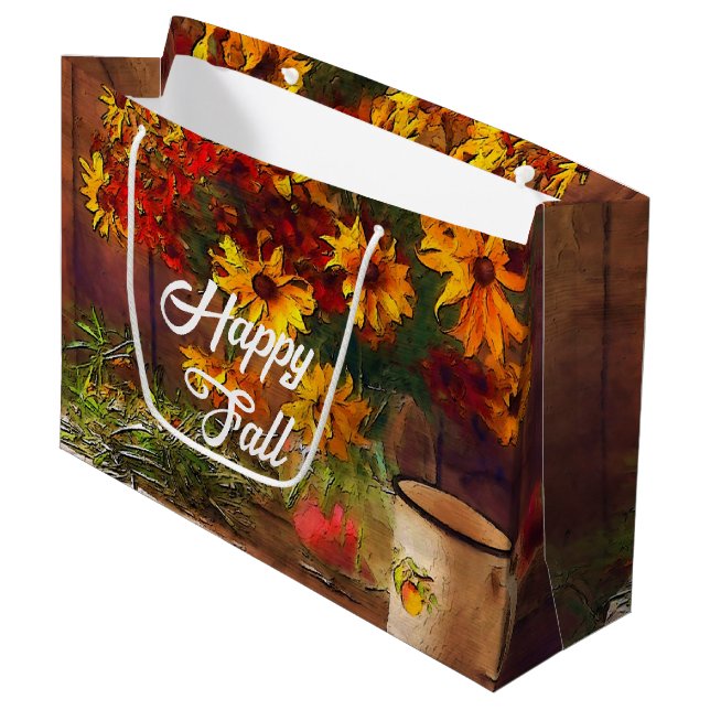 Fall flowers and mug with customisable text large gift bag (Front Angled)