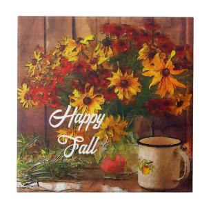 Fall flowers and mug with customisable text tile