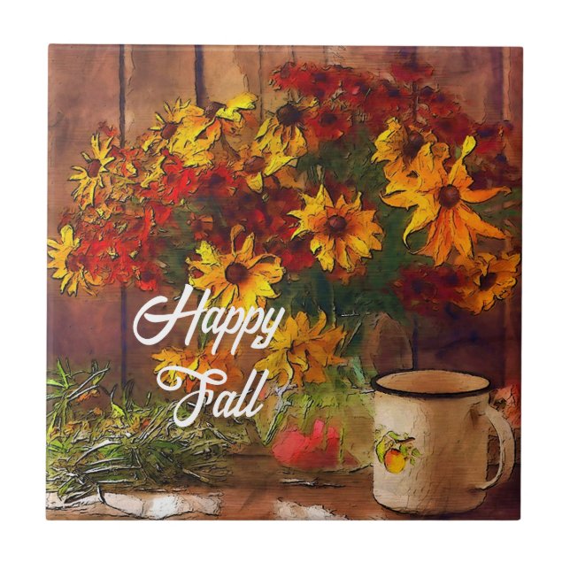 Fall flowers and mug with customisable text tile (Front)