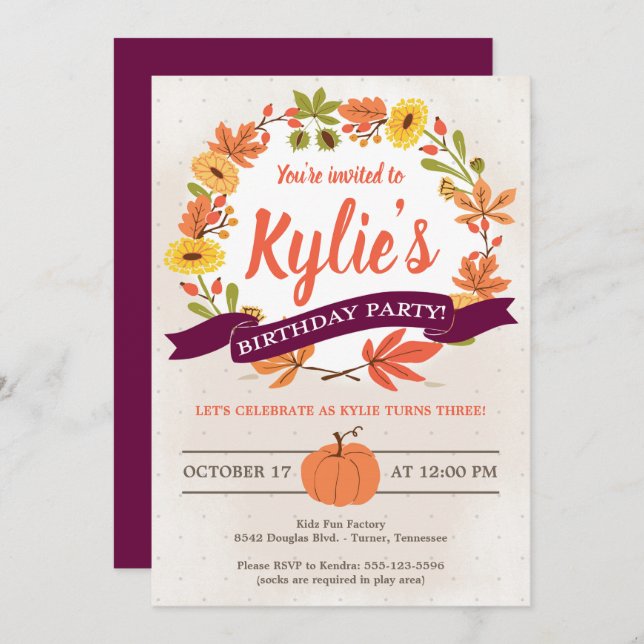 Fall Flowers and Pumpkin Birthday Party Invitation (Front/Back)