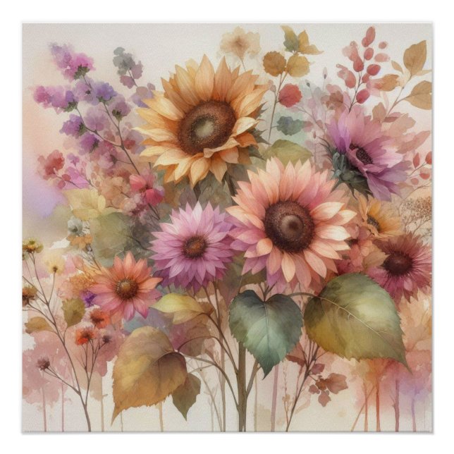Fall flowers and sunflowers watercolor pastels poster (Front)