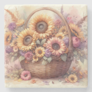 Fall flowers and sunflowers watercolor pastels stone coaster