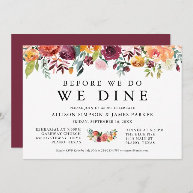 Fall Flowers Boho Rehearsal Dinner Invitation (Front/Back)