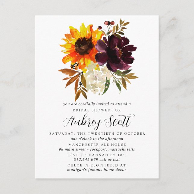 Fall Flowers Bridal Shower Invitation Postcard (Front)