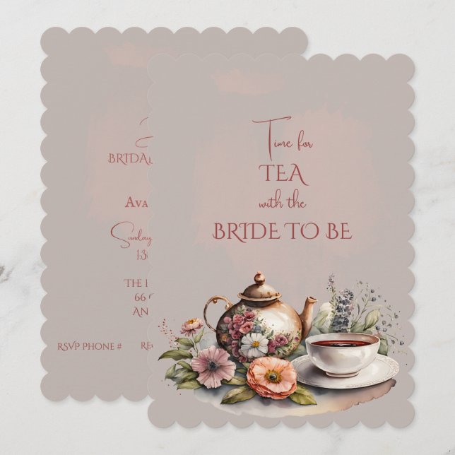 Fall Flowers Bridal Tea Party Teapot Invitation (Front/Back)
