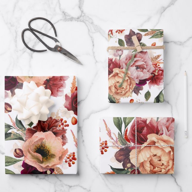 Fall Flowers Burgundy Red Orange Botanical Floral  Wrapping Paper Sheet (Front)