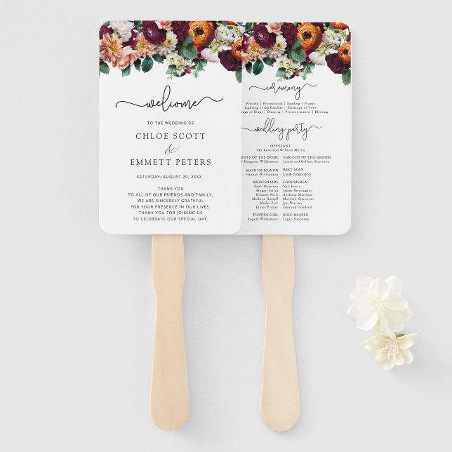 Fall Flowers Burgundy Wedding Ceremony Program Hand Fan (Front and Back)