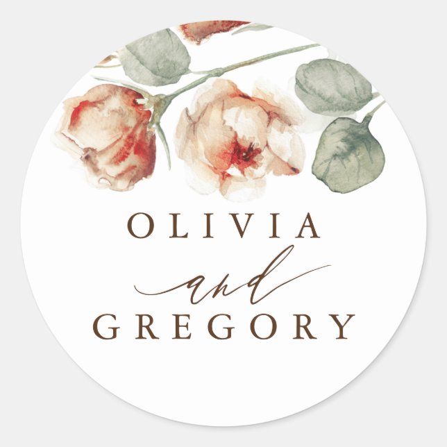 Fall Flowers Elegant Romantic Wedding Classic Round Sticker (Front)
