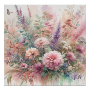 Fall flowers in pastel colours watercolor painting poster