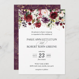 Fall Flowers in Red, Purple and Blush Wedding Invitation