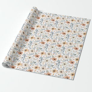 Fall Flowers & Leaves on White Wrapping Paper
