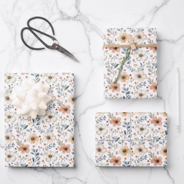 Fall Flowers & Leaves on White Wrapping Paper Sheet (Front)