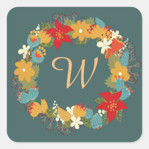 Fall Flowers Monogram Square Stickers, Glossy Square Sticker