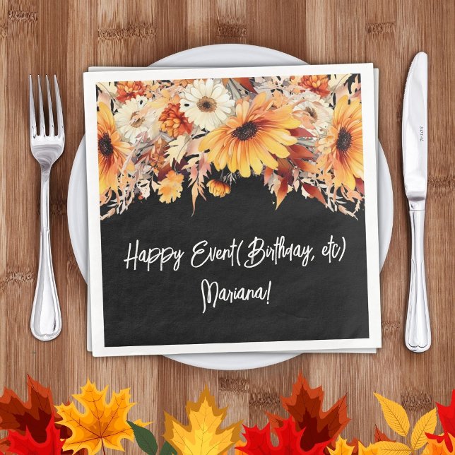 Fall Flowers on Black Party Napkins (Creator Uploaded)