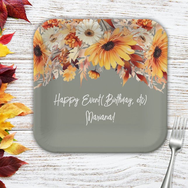 Fall Flowers on Sage Party Paper Plate (Creator Uploaded)