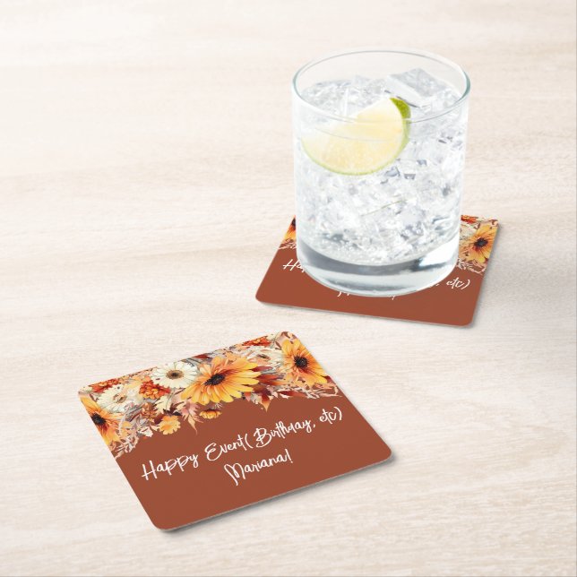 Fall Flowers on Terracotta Party Square Paper Coaster (Insitu)