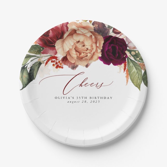 Fall Flowers Orange and Burgundy Red Cheers Paper Plate (Front)