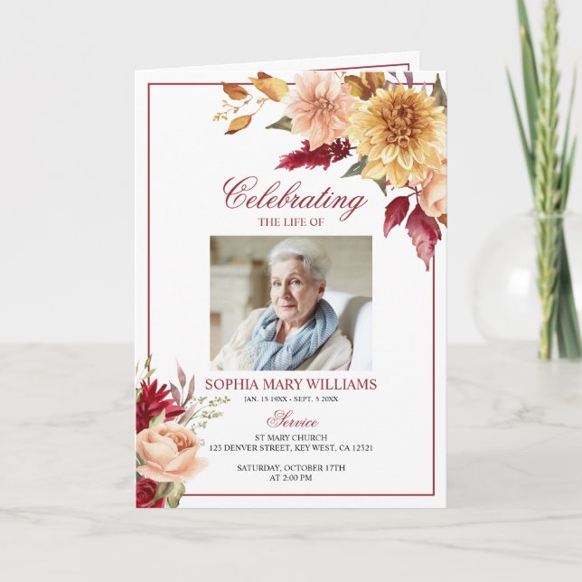Fall Flowers Photo Memorial Funeral Programs Card (Front)