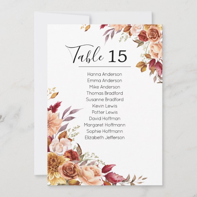 Fall Flowers Pumpkins Table Card Seating Chart (Front)